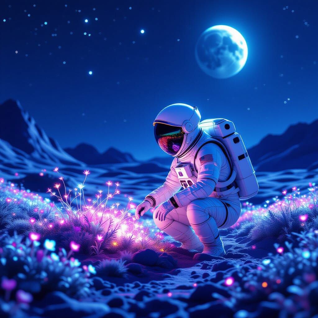 Astronaut Tends Alien Garden Under Earthlit Sky