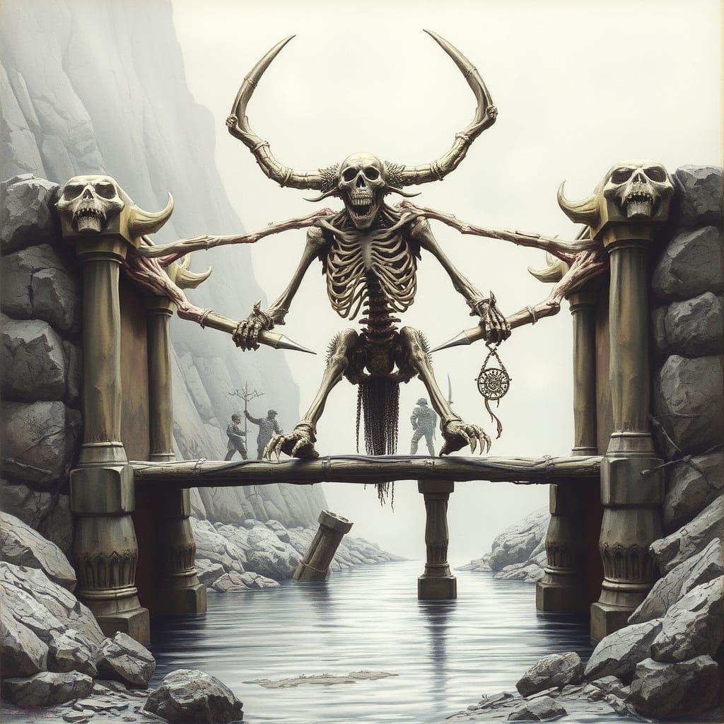 Skeletal Sentinel Guarding Bone Bridge: Dark Fantasy Art