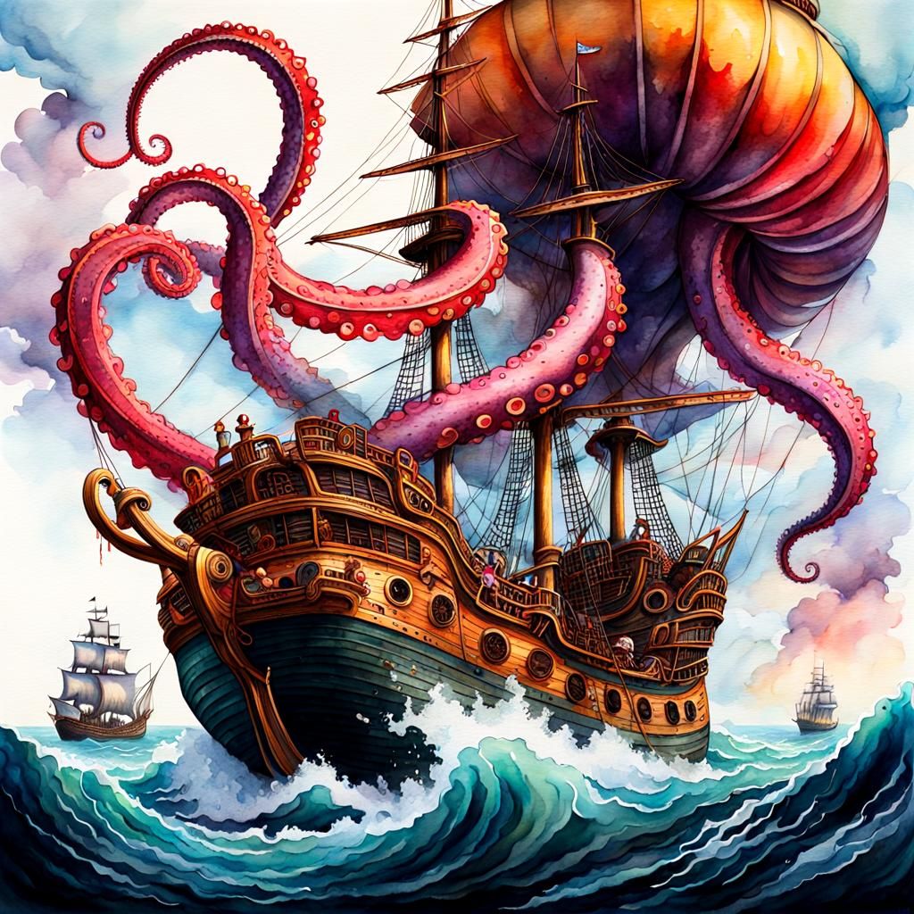 Kraken Tentacles Drag Pirate Ship: Watercolor Splash Art