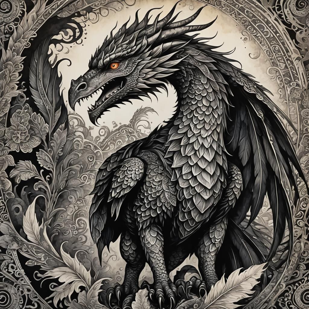 Mystical Animal: Design a mystical animal, like a dragon or phoenix, with ink resist to emphasize scales, feathers, and ...