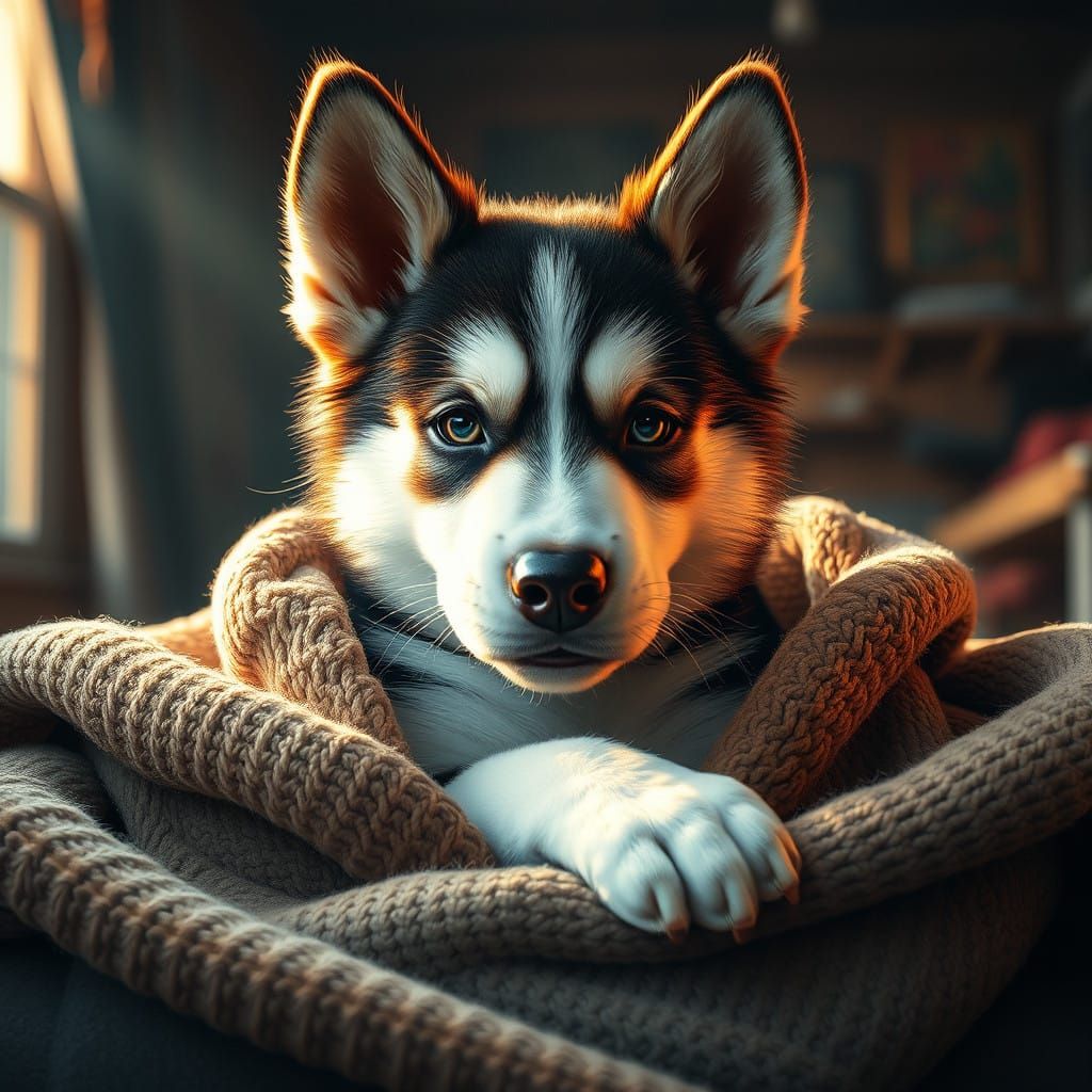 Surreal Portrait of a Husky Puppy in a Cozy Home Scene