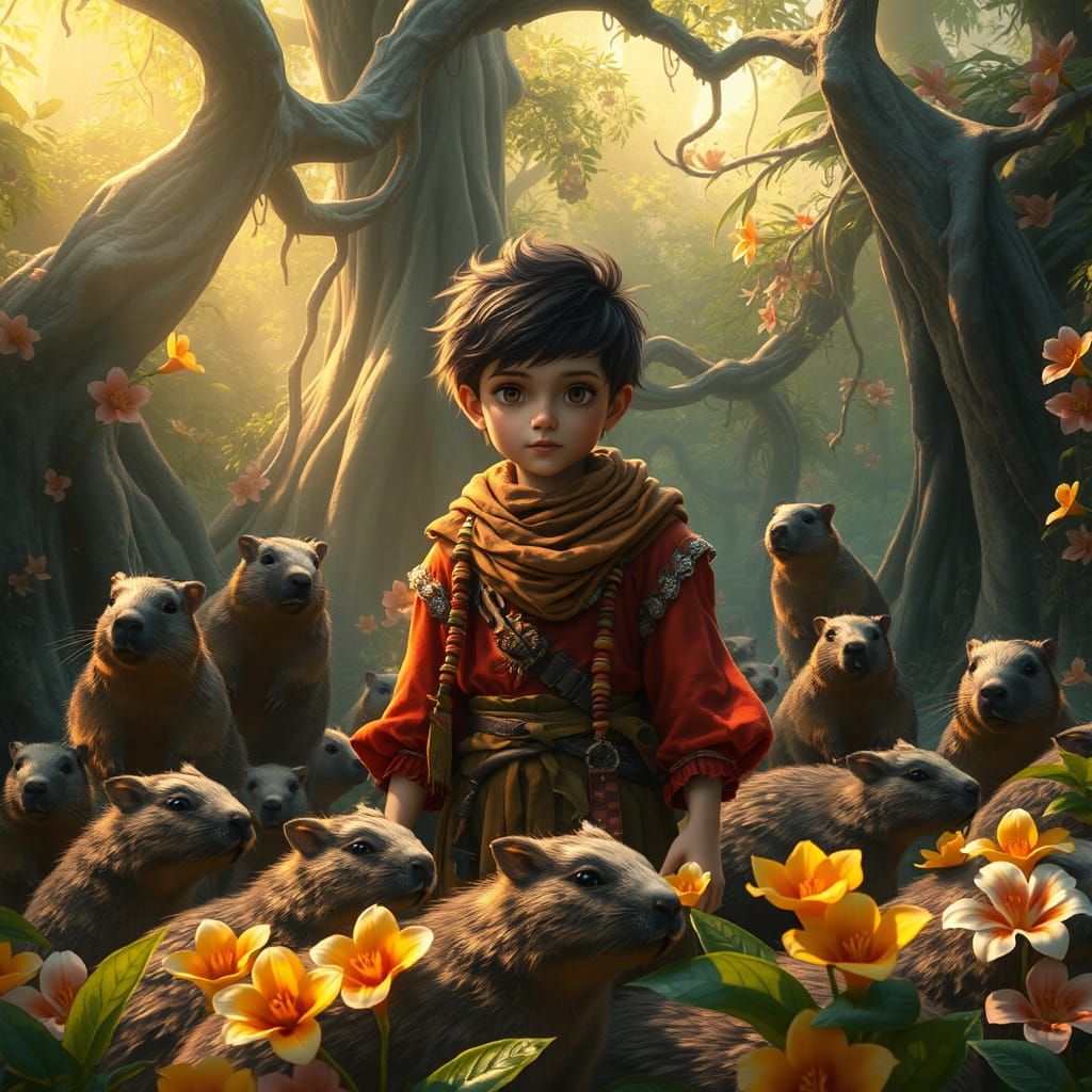 Majestic Boy Surrounded by Capybaras in a Lush Jungle, in Tr...