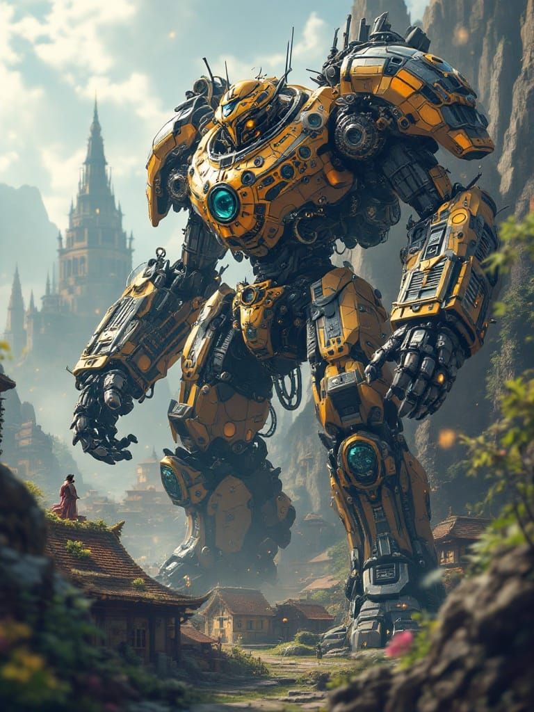 Steampunk Mecha Over Village in Anime Style
