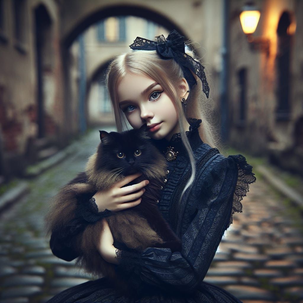 Gothic Girl Embracing Her Feline Companion in a Victorian-In...