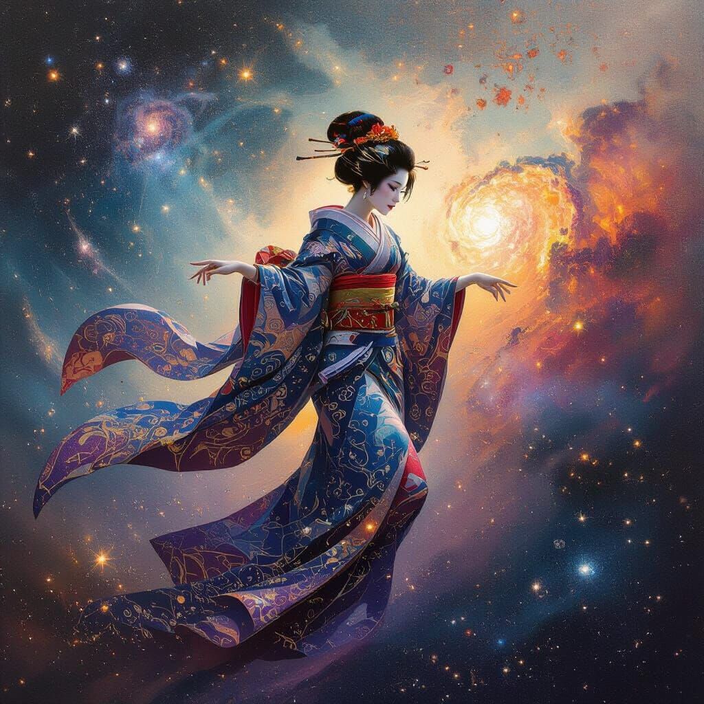 Celestial Geisha-Ninja Amidst Cosmic Nebula