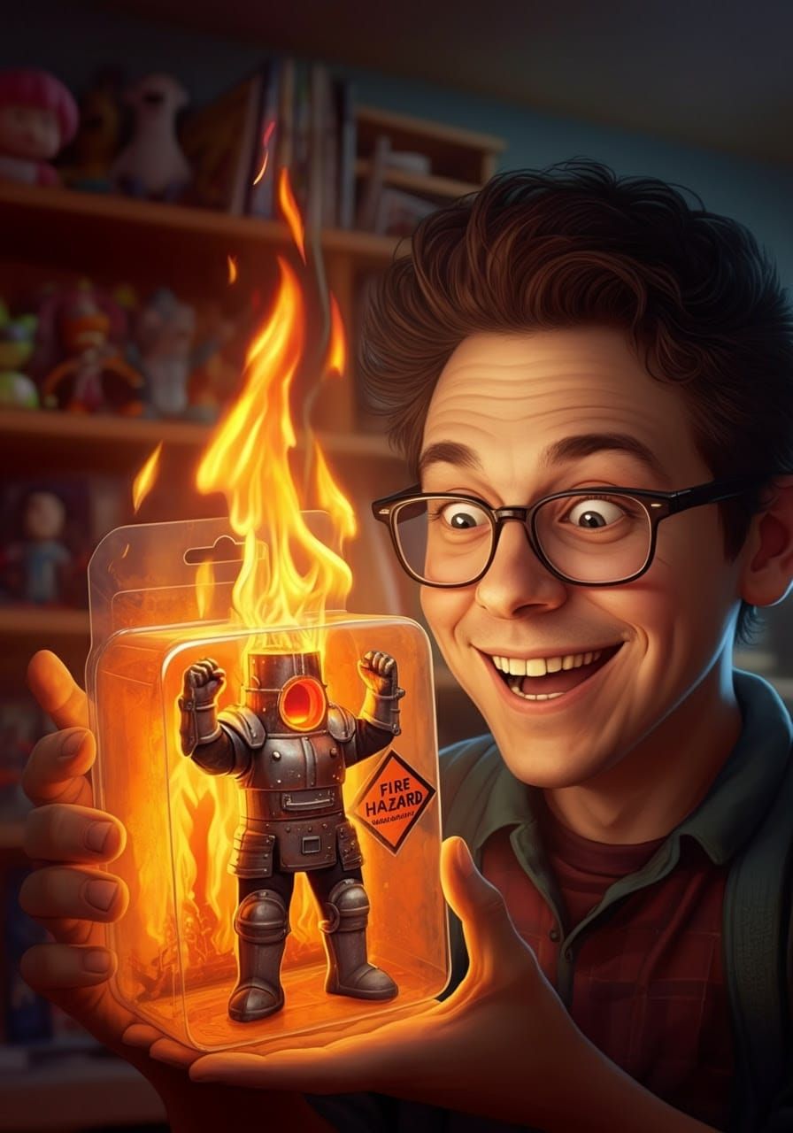 Happy Nerd Faces Blazing Action Figure Box in a Surreal Furn...