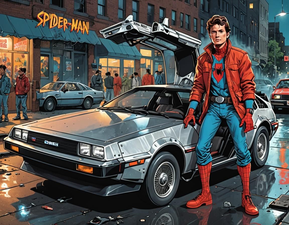 Spider-Man as Marty McFly in Delorean, Comic Art