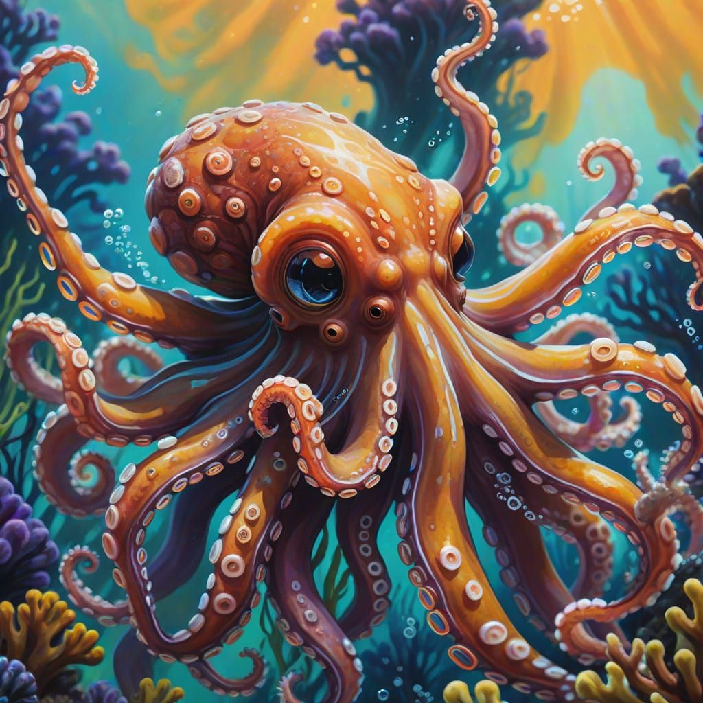 Vibrant Octopus in Gouache Painting Style