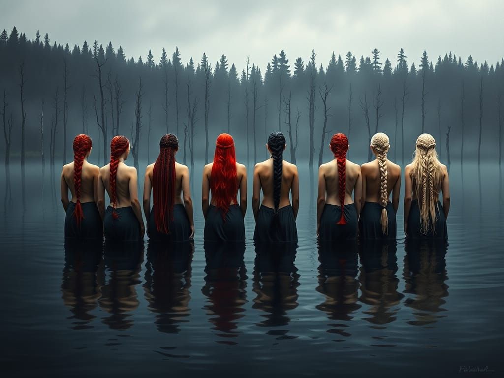 Surreal Women Stand in Dark, Still Lake, Neo-Impressionist S...