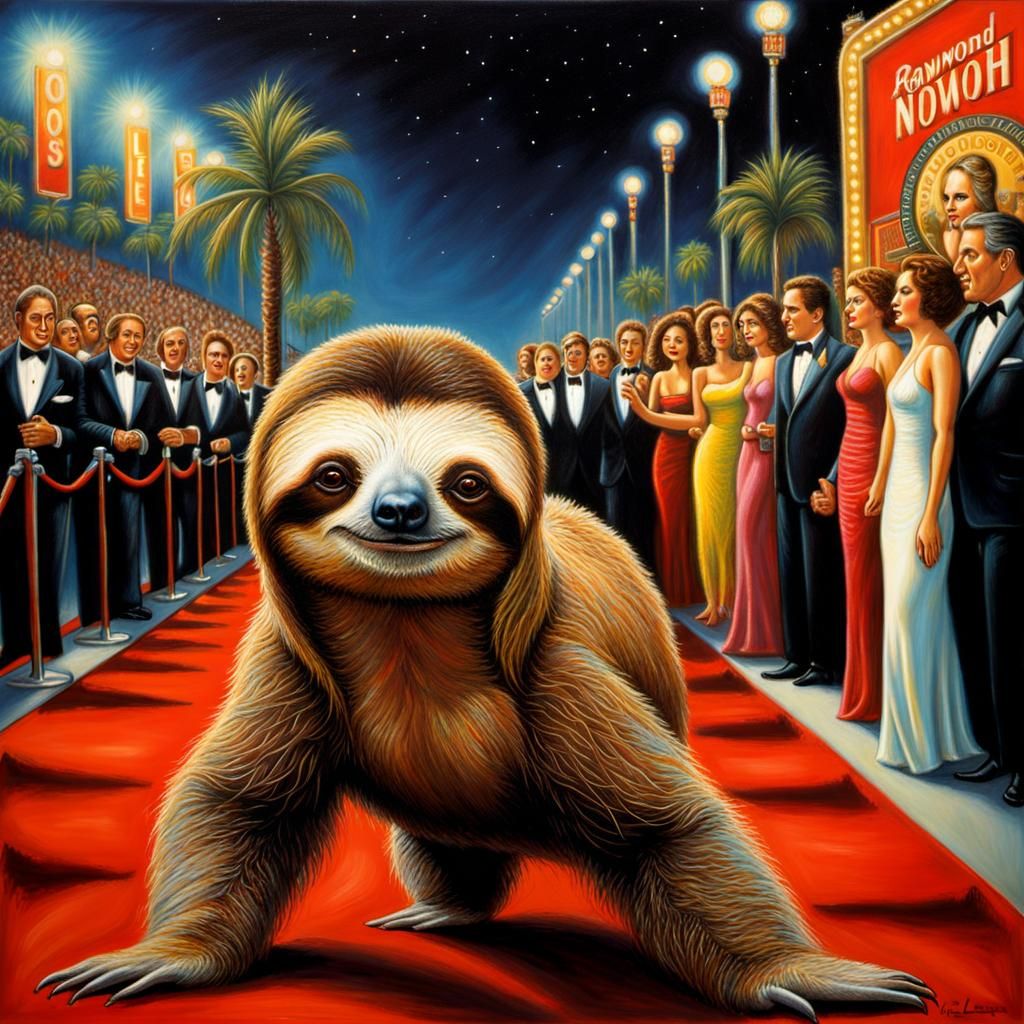 Sloth Movie Star on Red Carpet, Oil Pastel Style