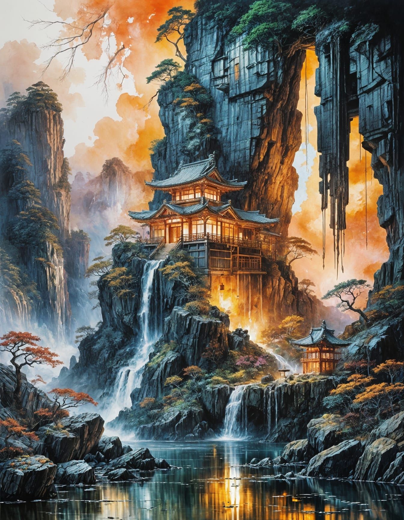 Surreal Japanese Temple with Iridescent Lights