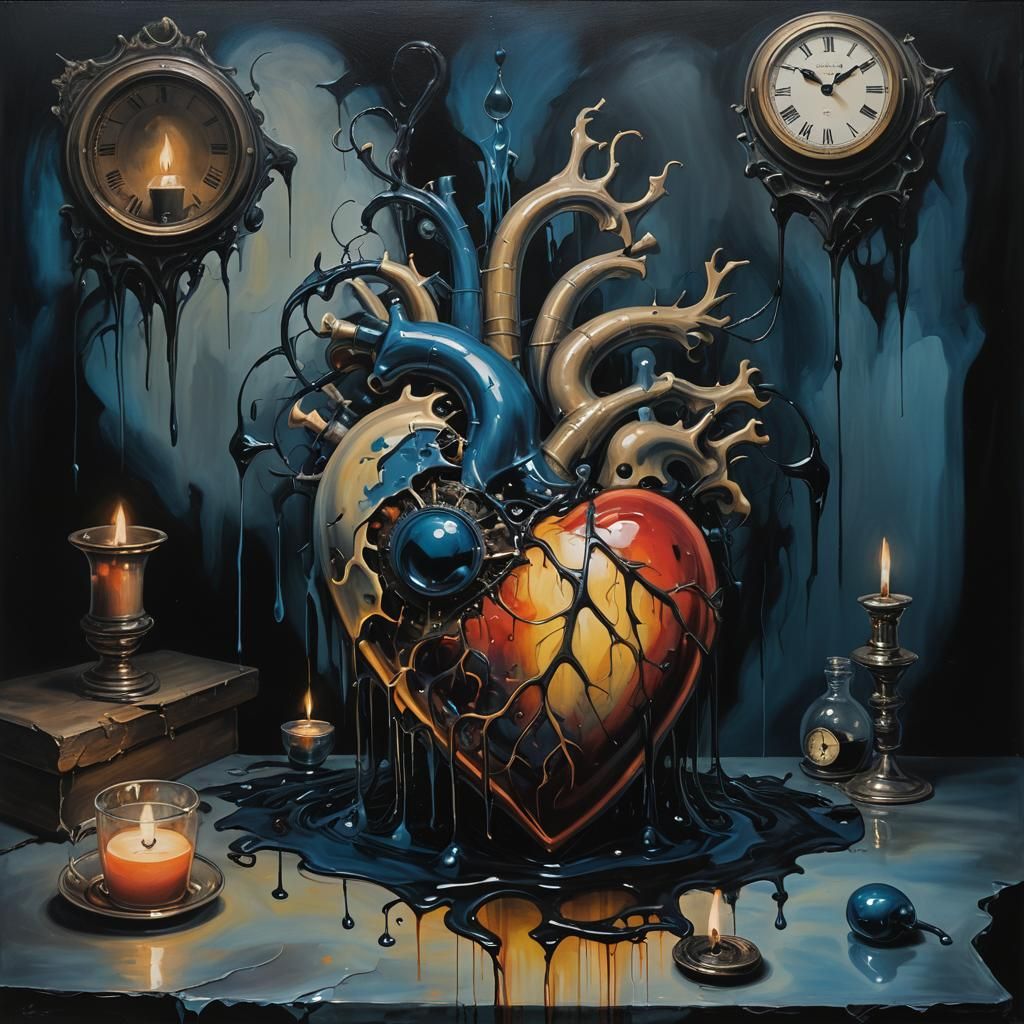 Surrealist Heart Devoured by Darkness: Oil on Canvas
