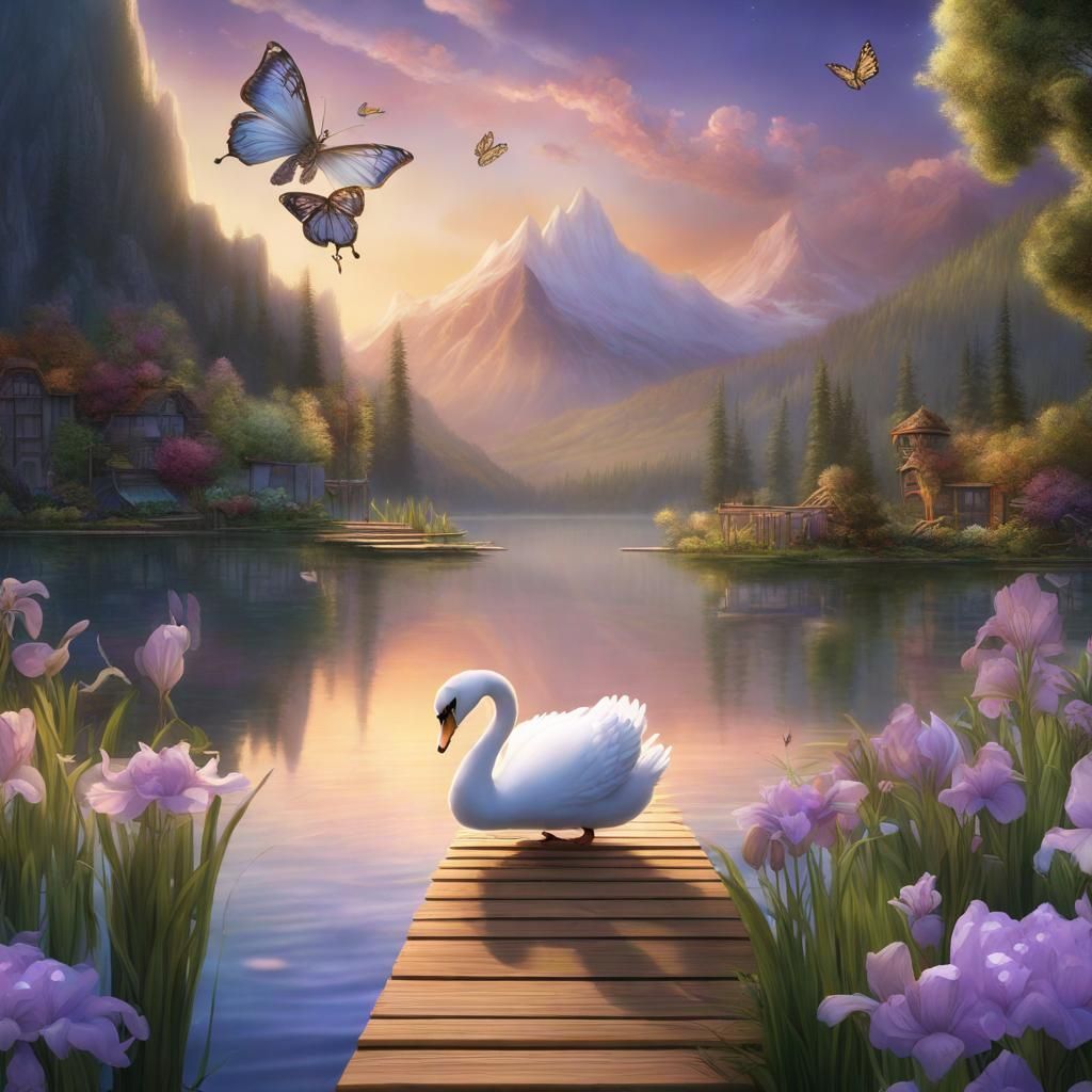 Swan on Lake at Sunrise: Fantasy Matte Painting