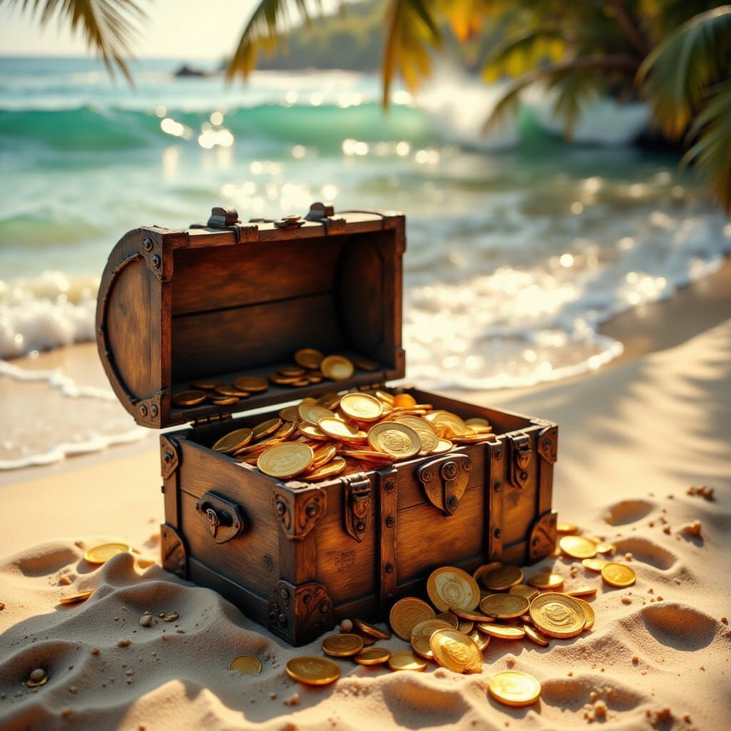 Sunlit Treasure Chest on Tropical Island Beach