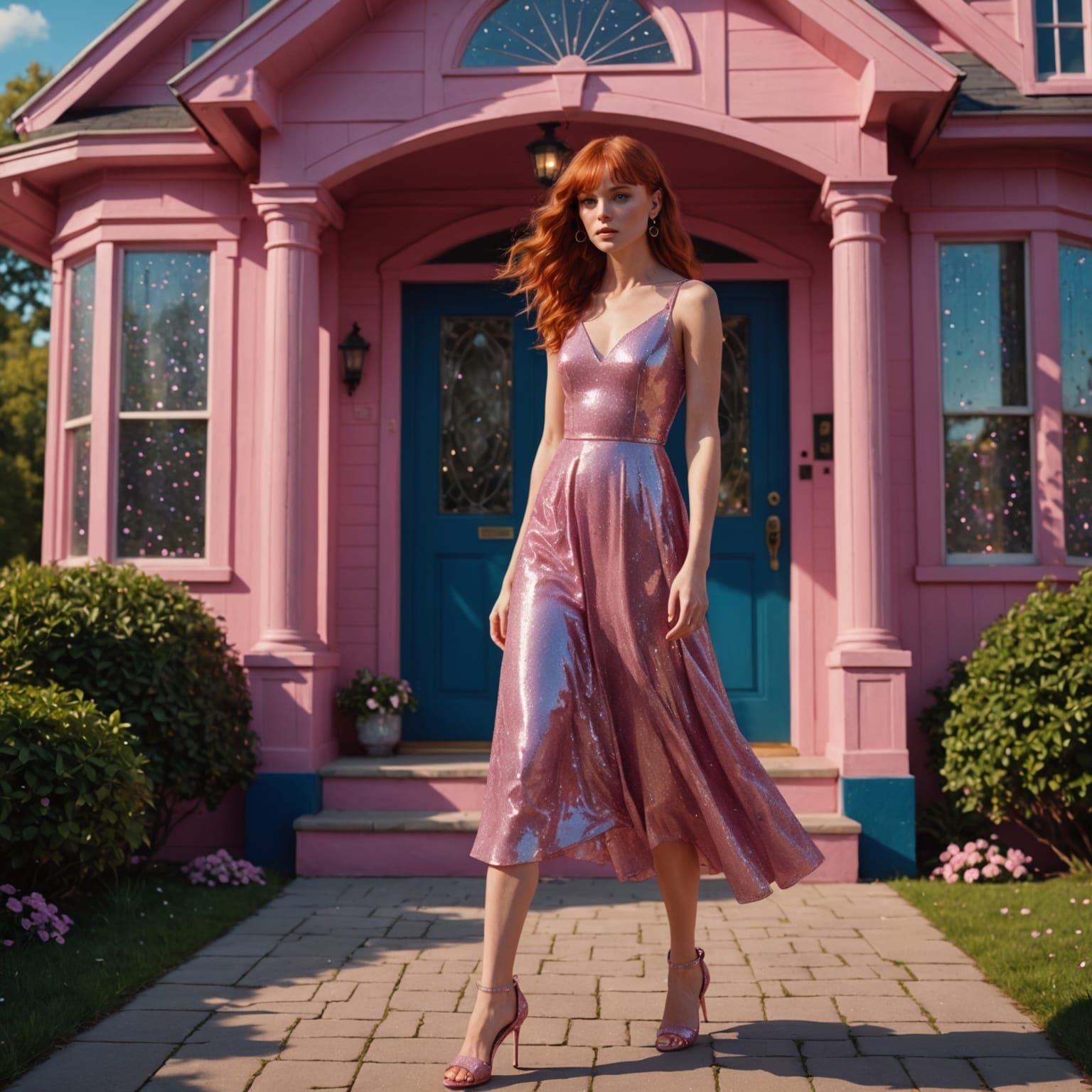 Woman in Glittery Pink Dress Outside Fantasy House