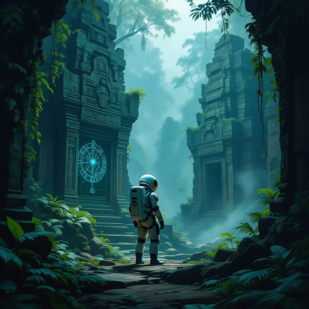 Astronaut Discovers Alien Temple on Misty Jungle Planet