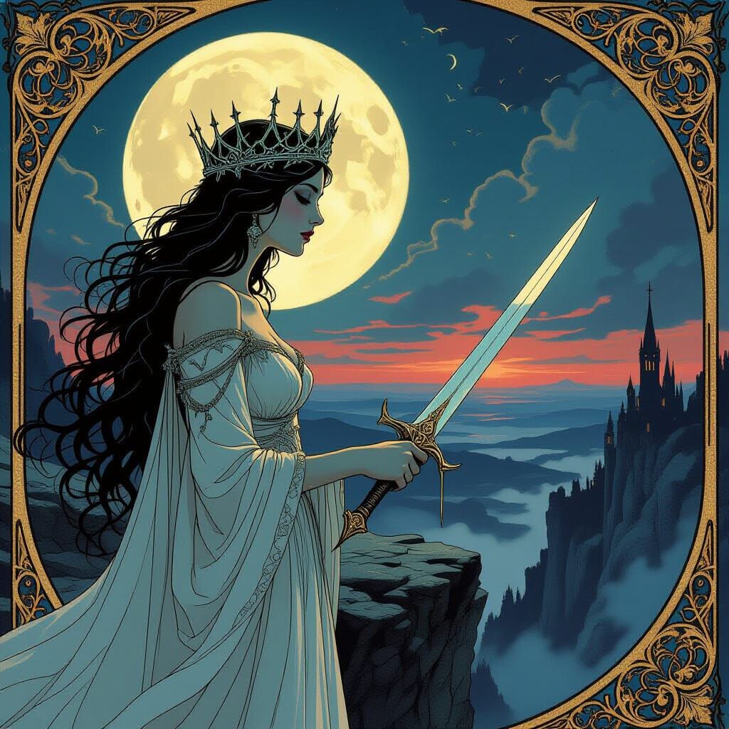 Spectral Queen on Precipice in Art Nouveau Style