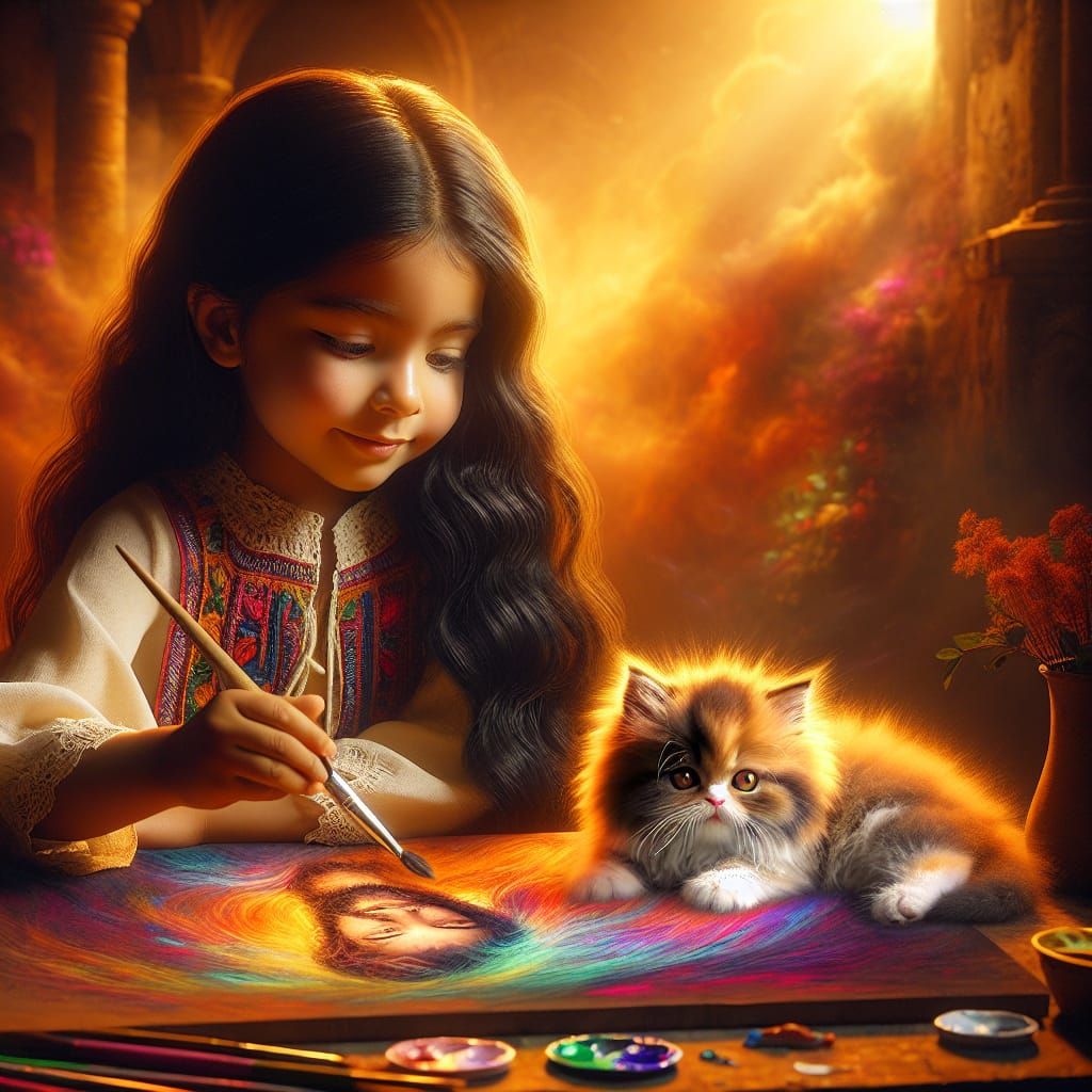Girl Painting Kitten Portrait in Warm Colors