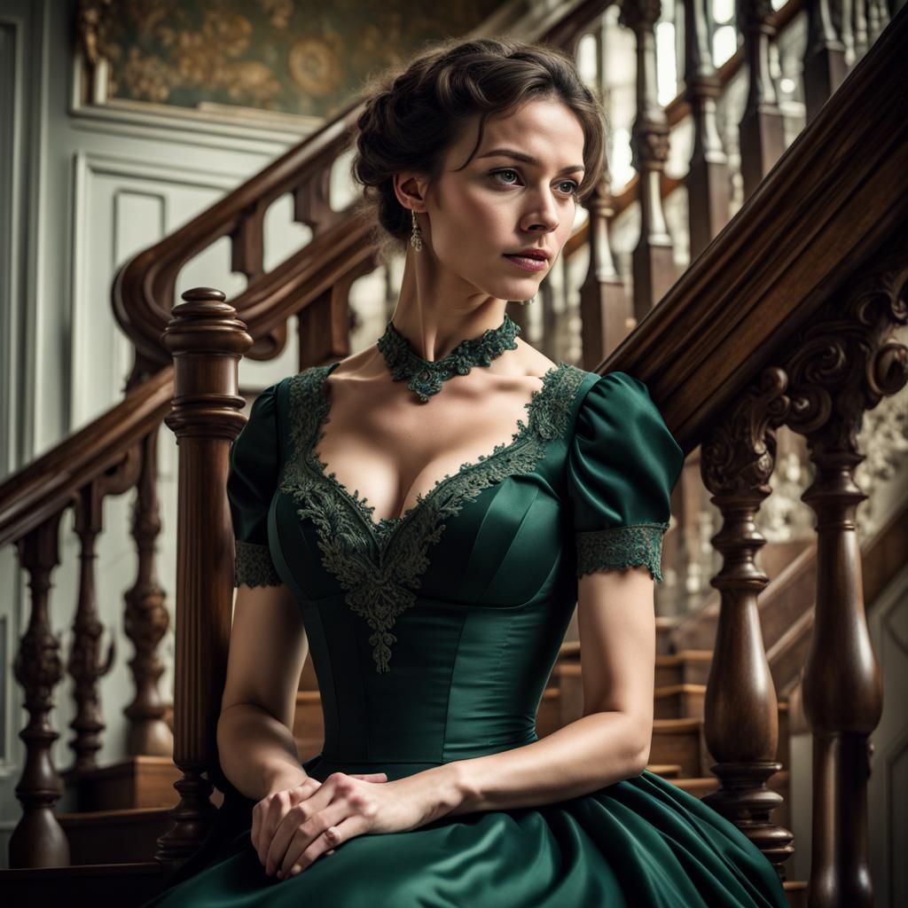Woman in Green Dress Posing on Victorian Staircase