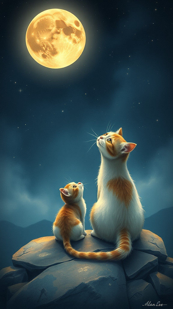 Cats Gaze at Moon in Ethereal Fantasy Art Style