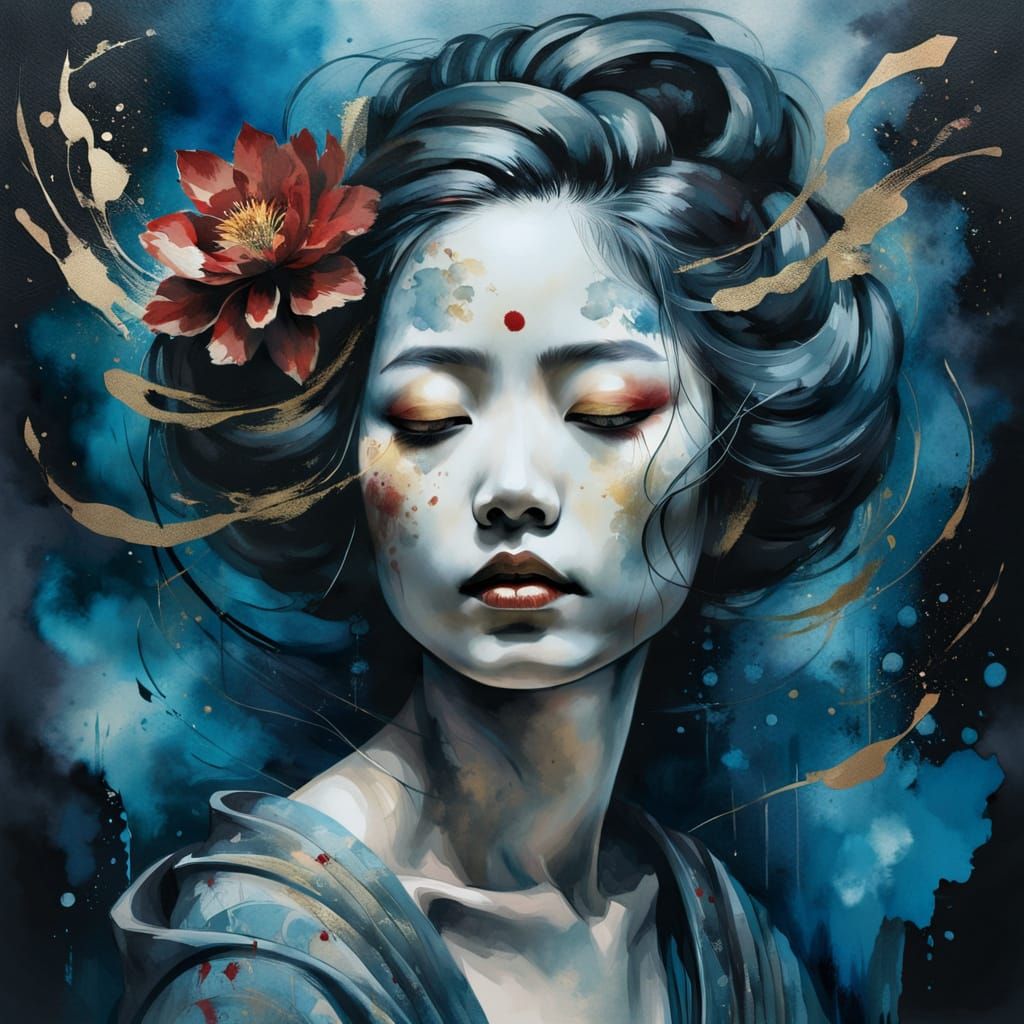 Geisha Portrait with Gold Ink Splashes in Watercolor Style