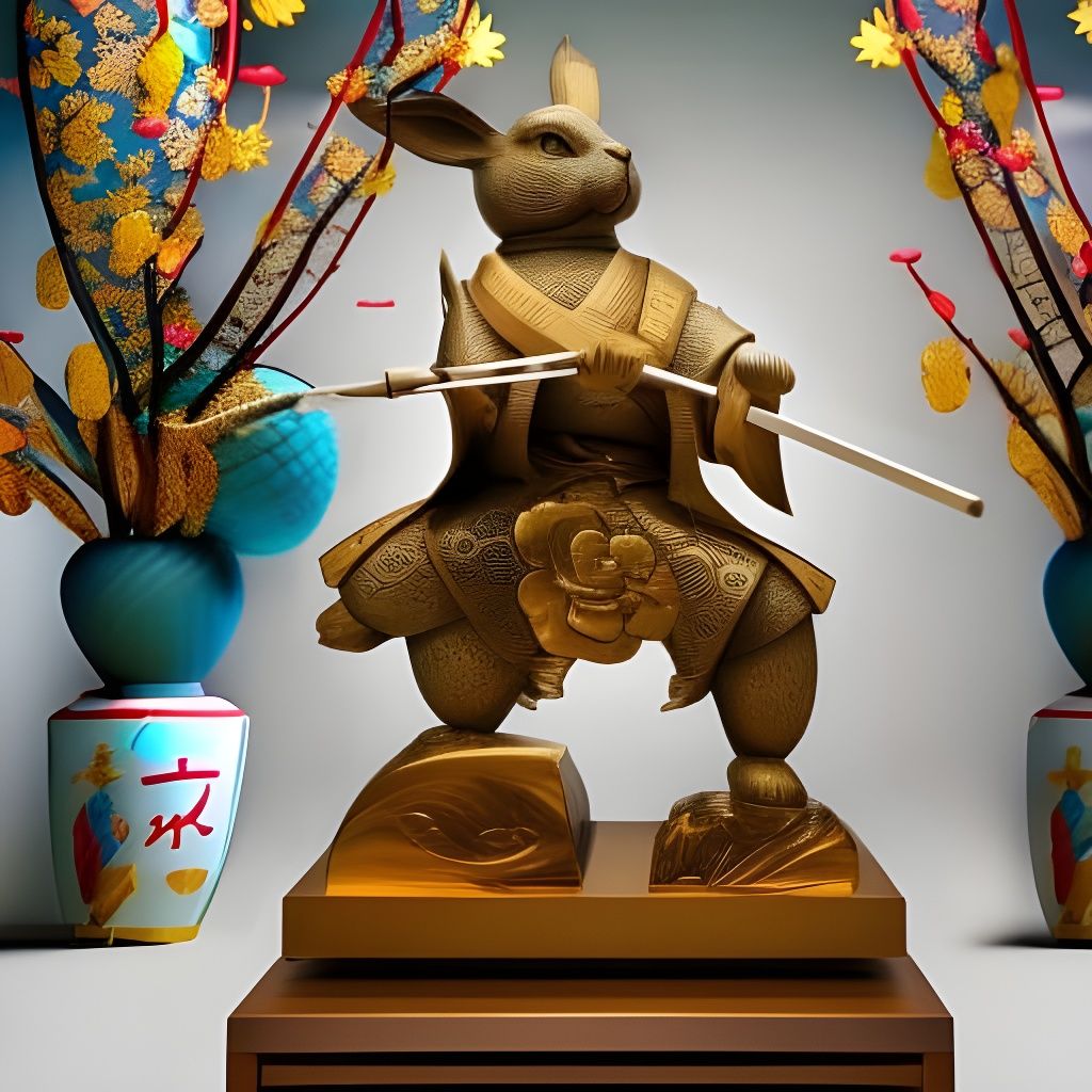 Samurai Rabbit Marble Sculpture in Rococo Style