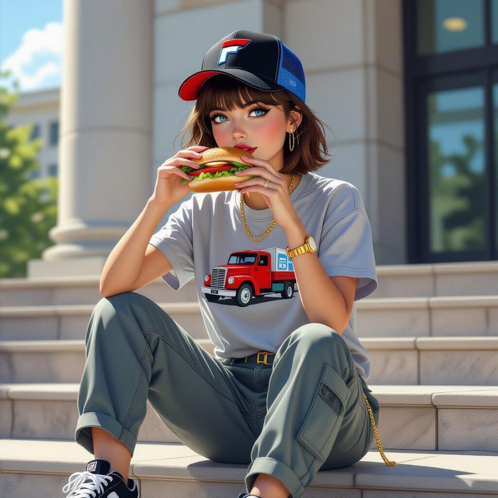 Girl Eating Sandwich on Steps, Concept Art Portrait