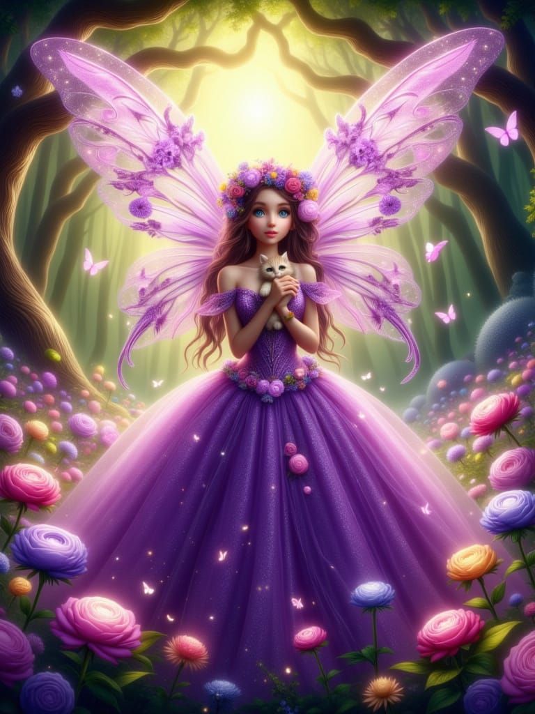 Fairy in Whimsical Purple Gown with Glowing Wings and Feline...