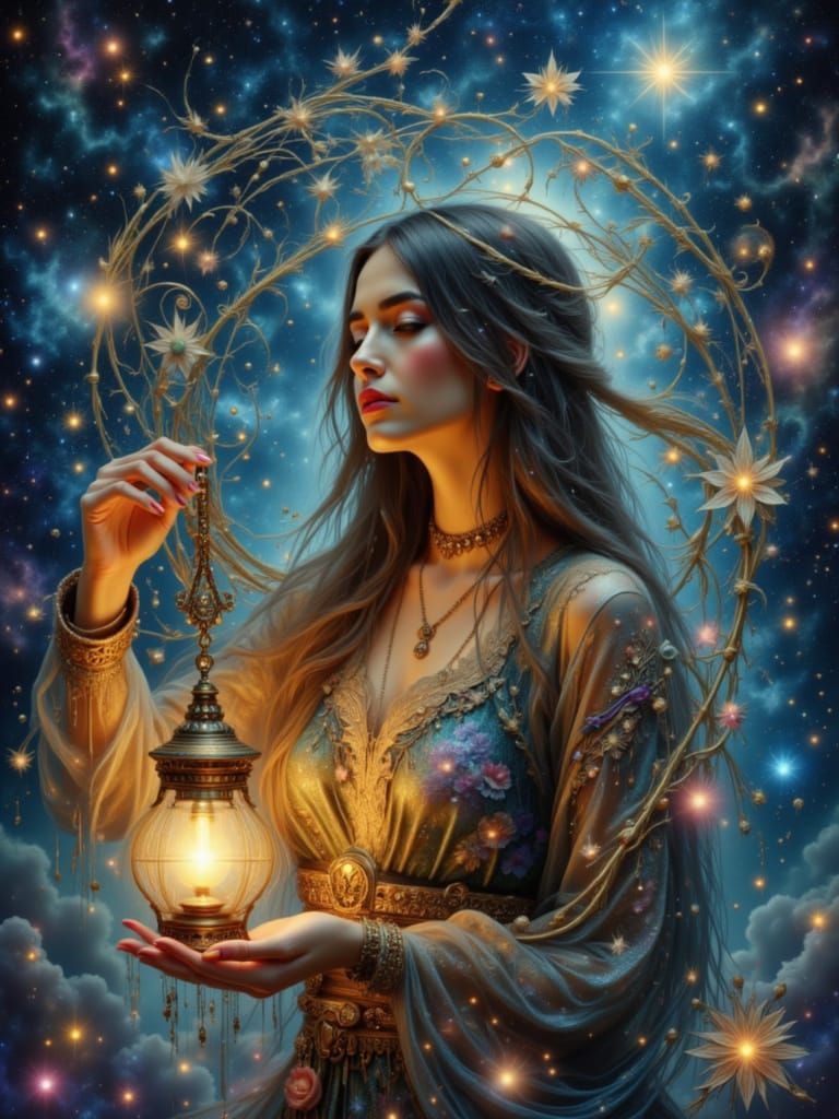 Cosmic Woman with Lantern in Art Nouveau Style