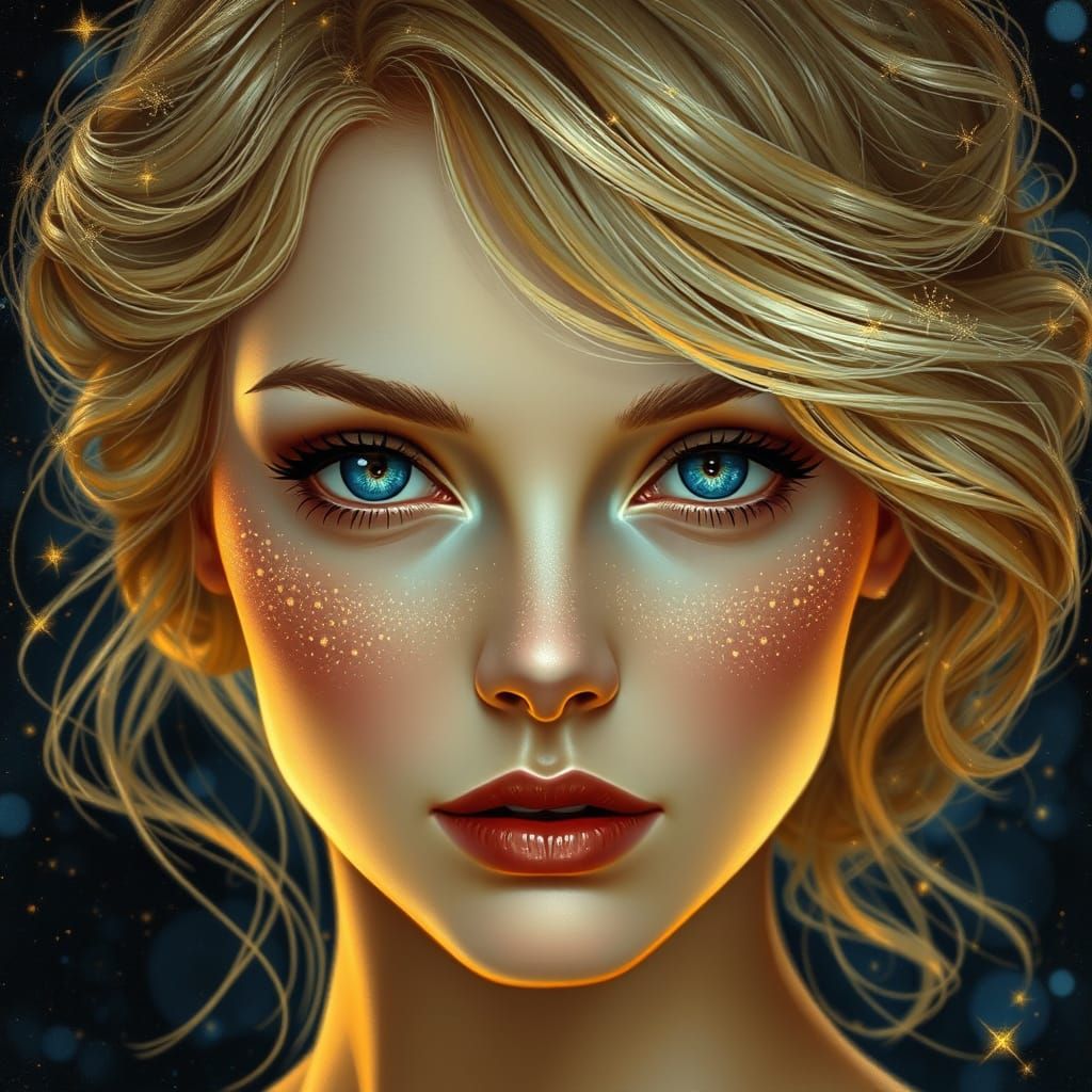 Elegant European Blonde Woman with Golden Hair and Glowing B...