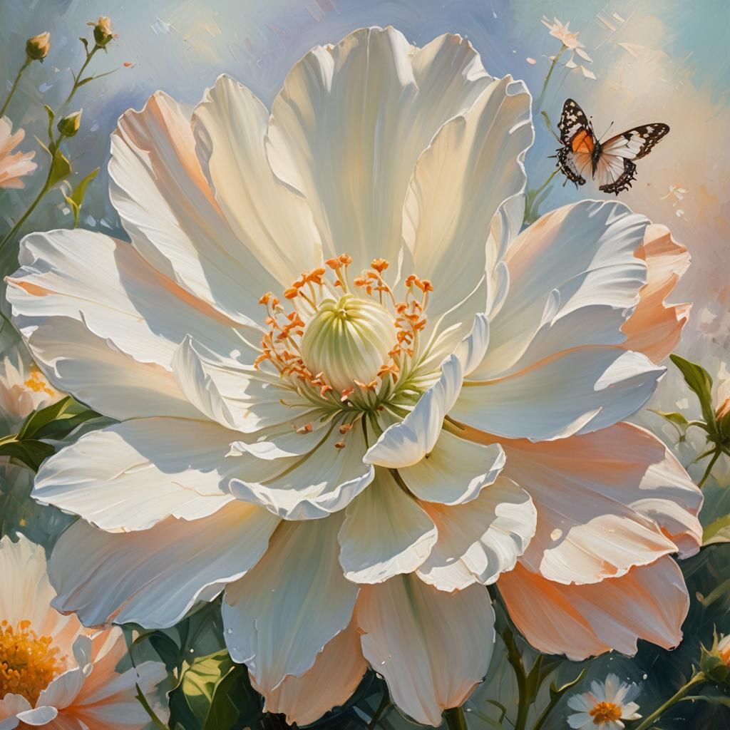 White Flower and Butterfly as Impressionist Oil Painting