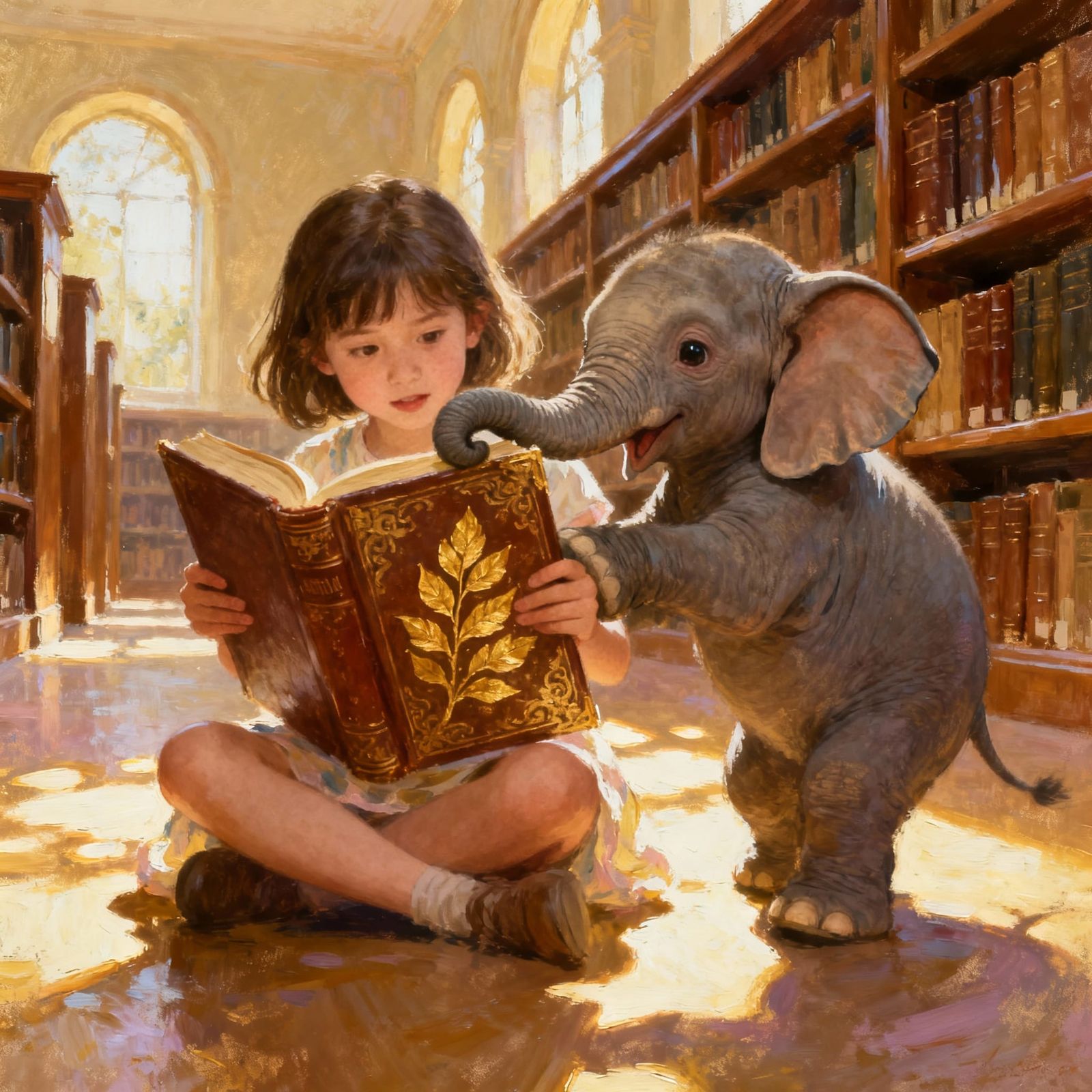 Girl and Elephant Tug-of-War Over Book in Library
