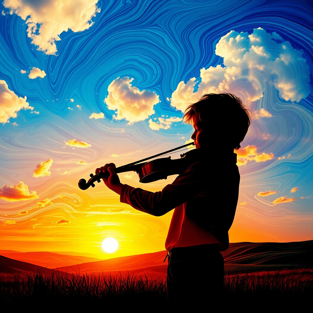 Boy Violinist Silhouette in Dreamy Landscape
