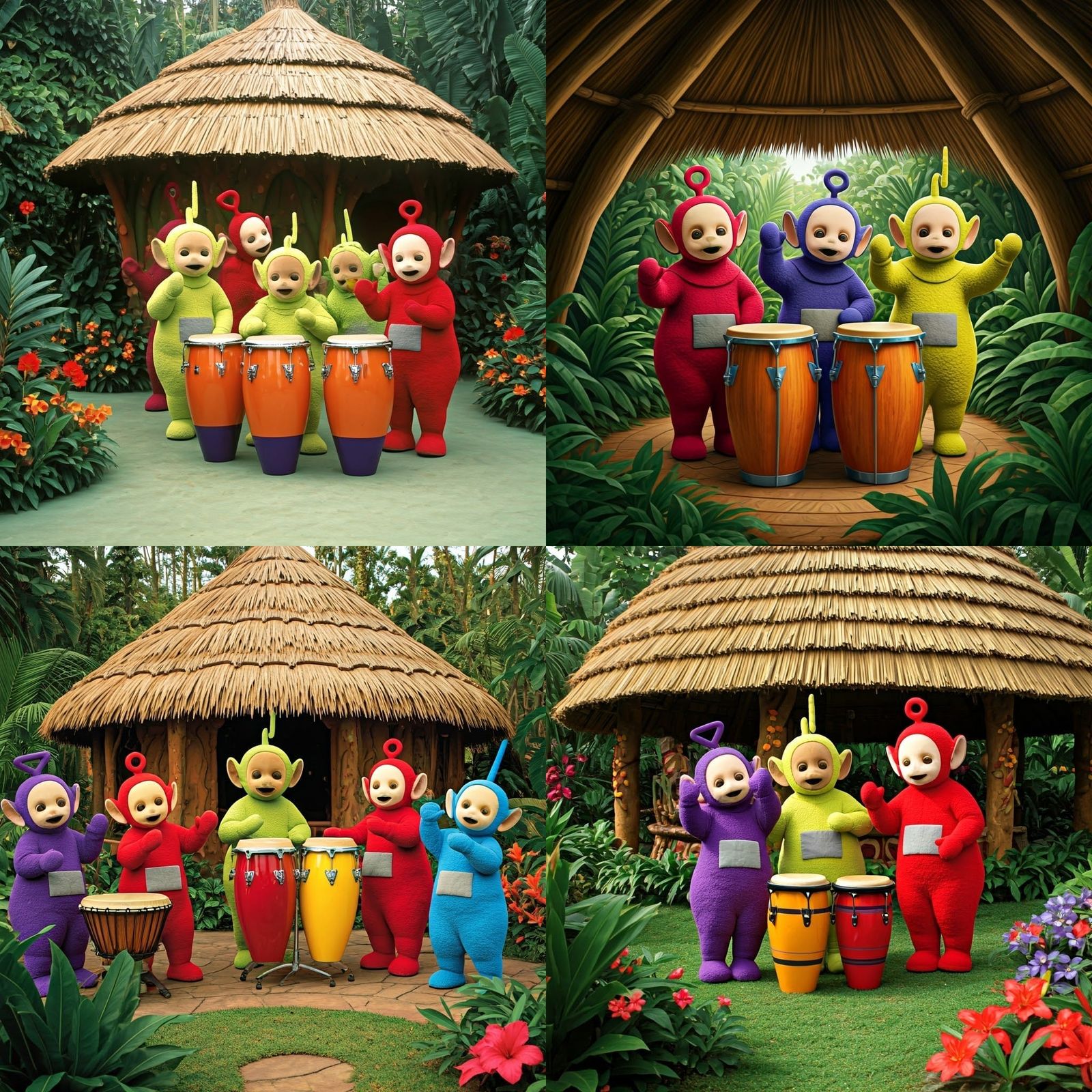 Teletubbies Play Bongos in Rustic Hut