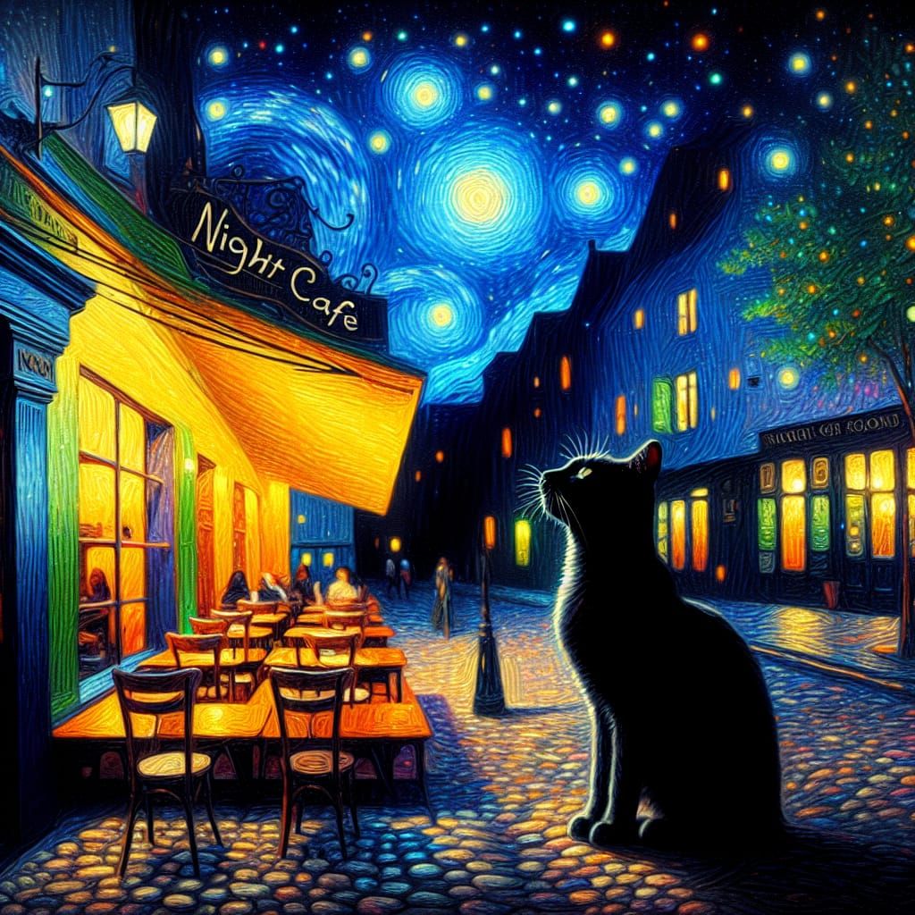 Starry Night Cafe: Black Cat in Van Gogh Style