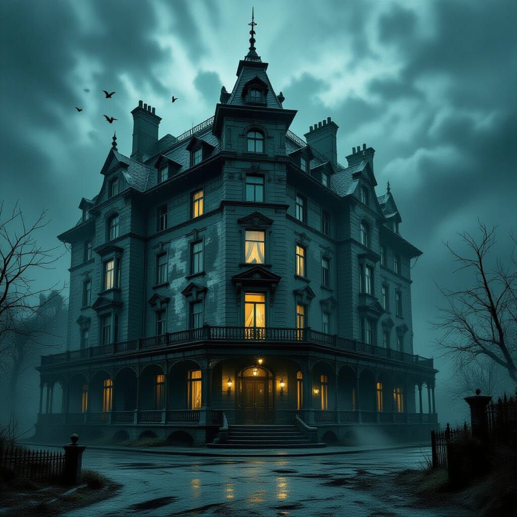 Sinister Hotel With Windows Blown Open in Gale