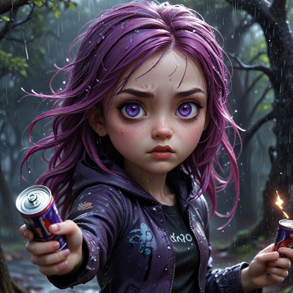 Gothic Chibi Girl Throws Cans in Moody Rain