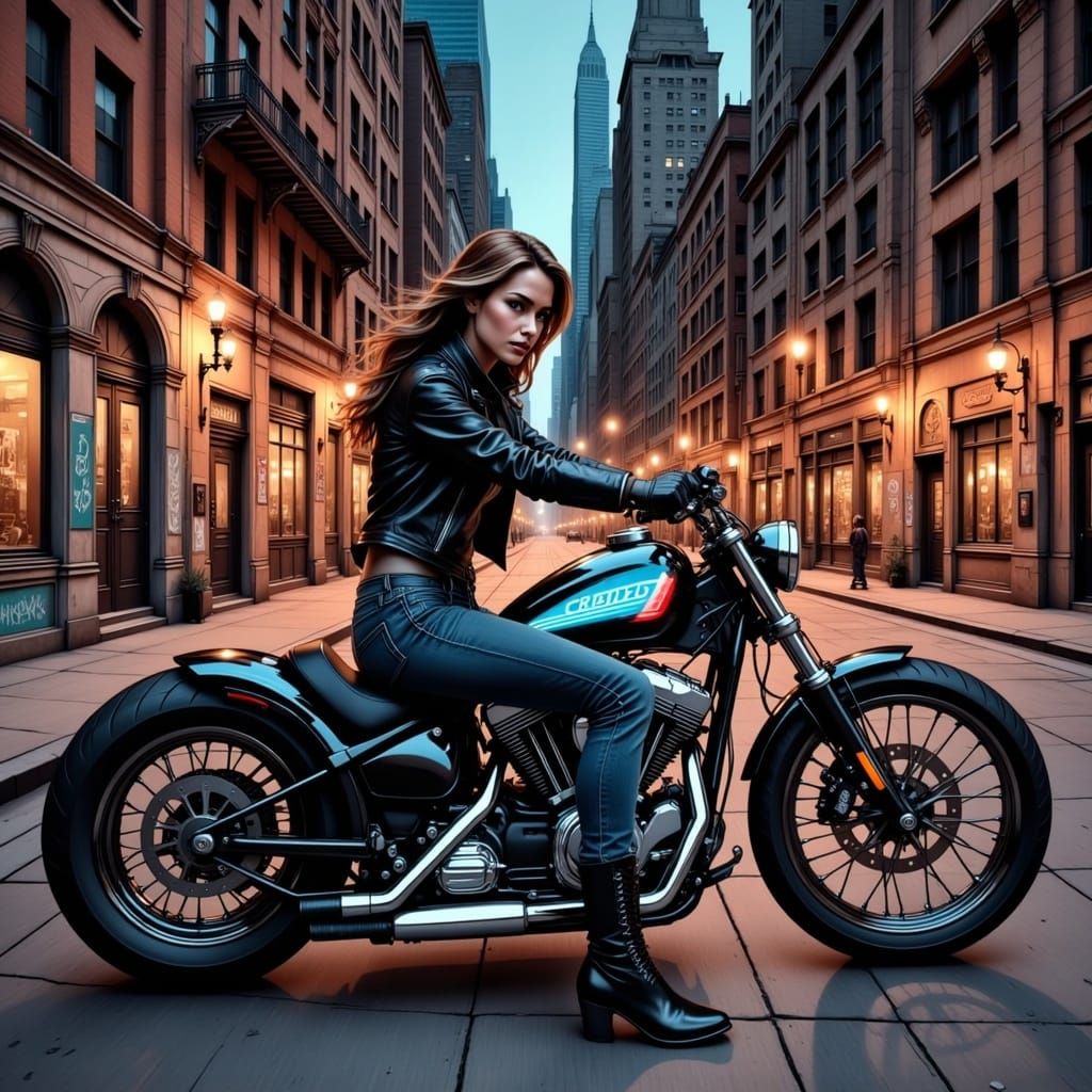 Neon Cowgirl Rides Futuristic Motorcycle at Dusk