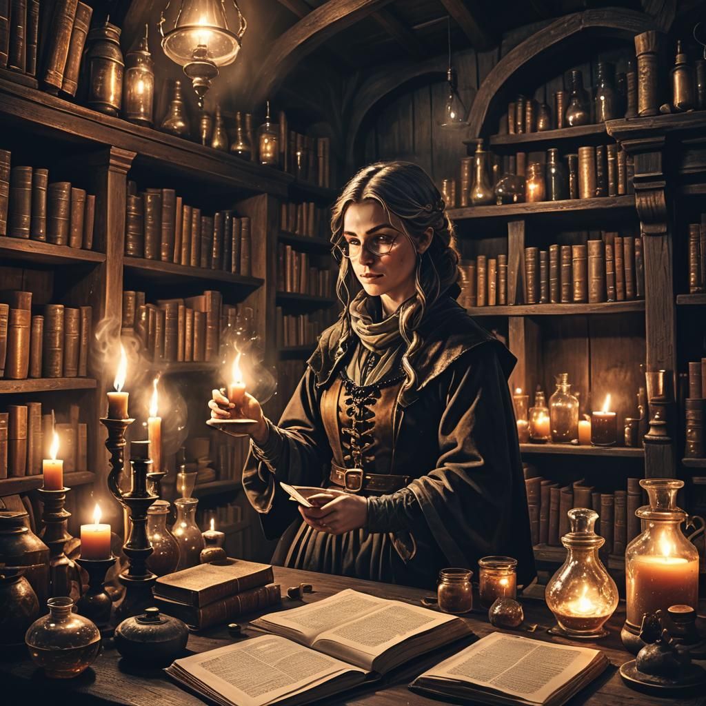 Female Alchemist Mixing Potions in Dark Fantasy Style