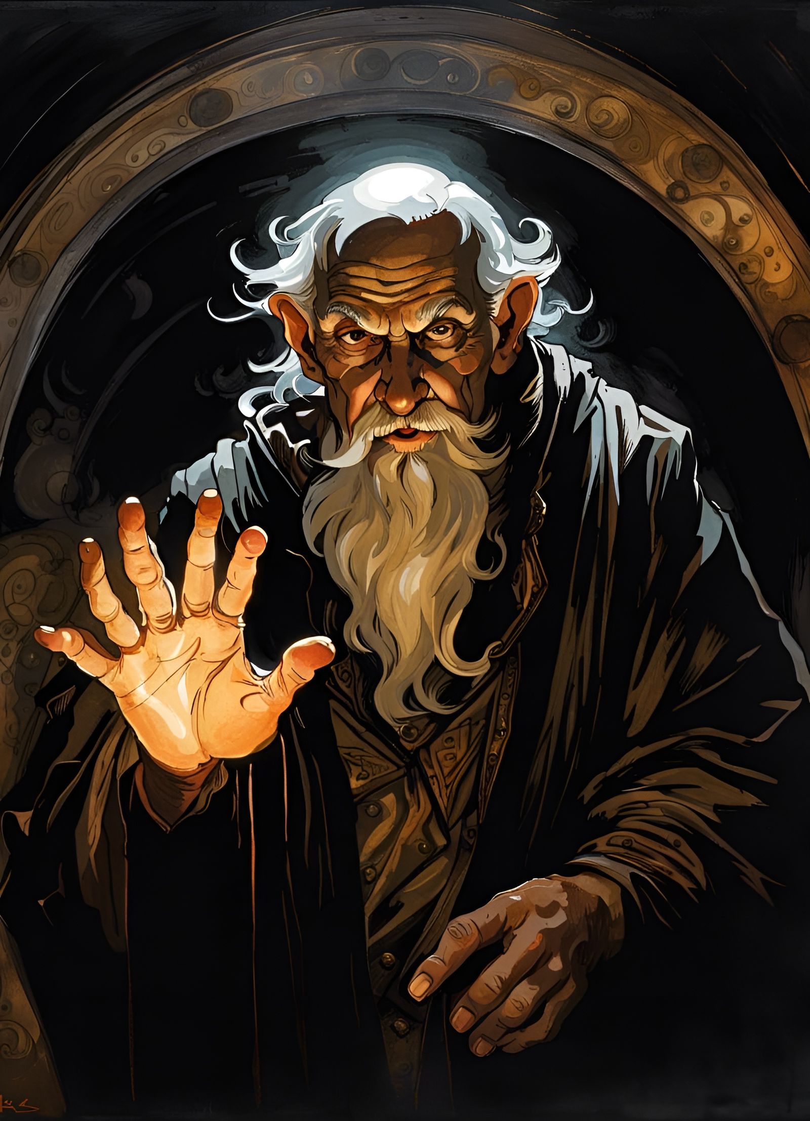 Menacing Old Man in Dark Hall: Art Nouveau Style