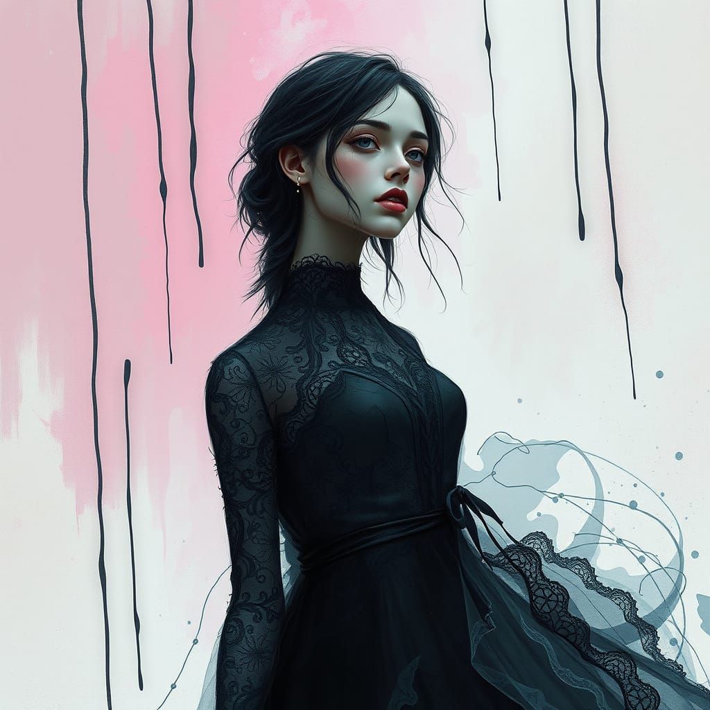 Ink Dress Woman in Mystical Surrealist Style