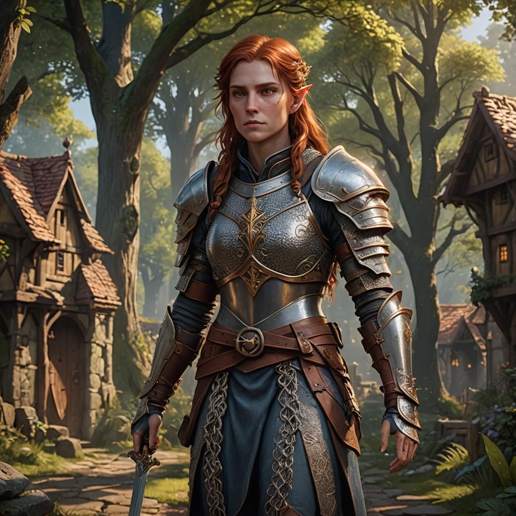 Half-Elf Cleric Heals Villagers: Detailed Matte Painting