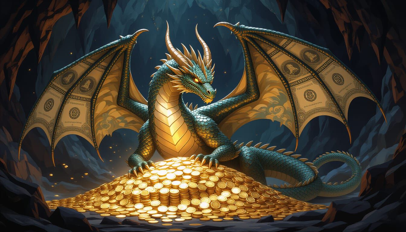 Dragon of Gold and Silver Coins with Banknote Wings