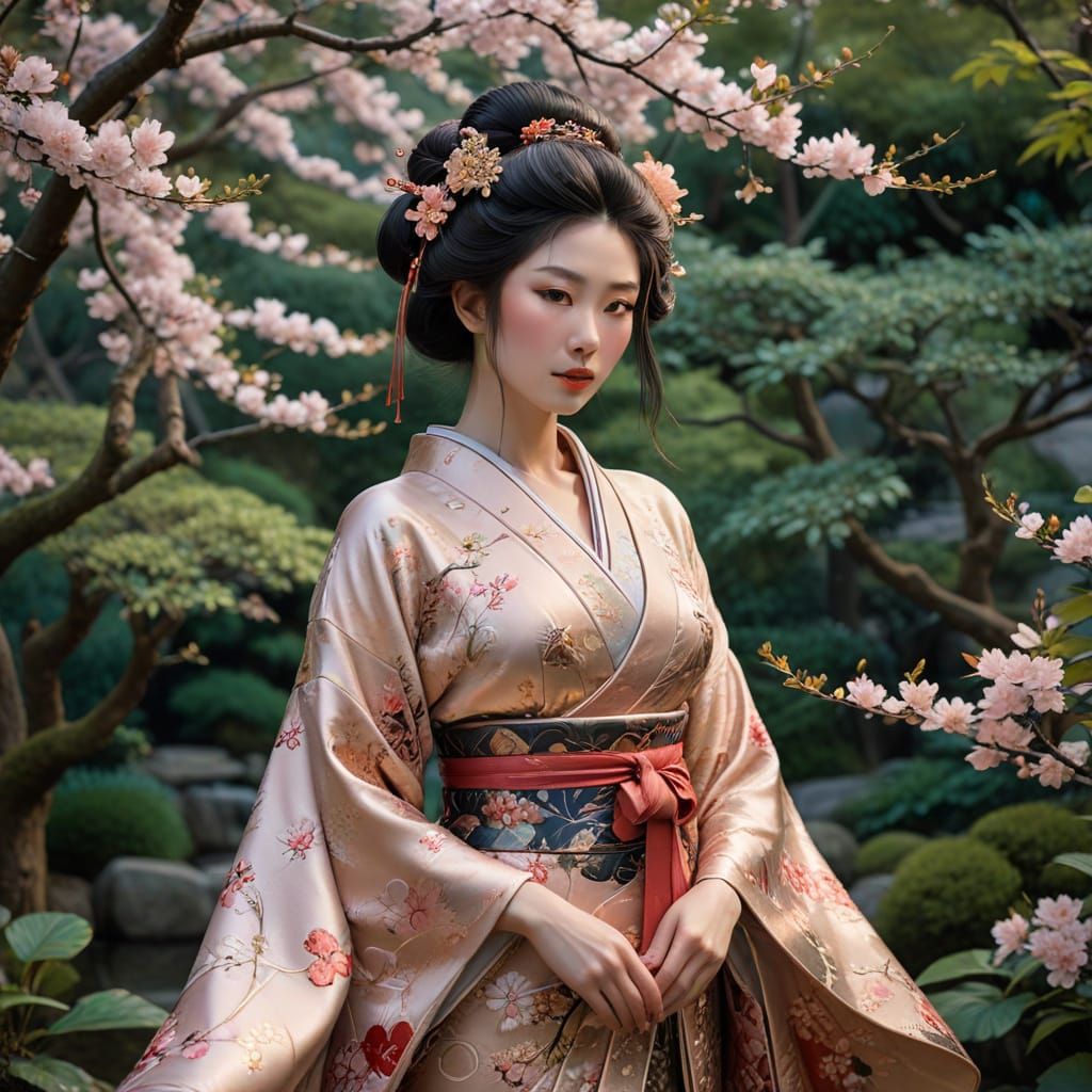 Exquisite Geisha in Art Nouveau Japanese Garden