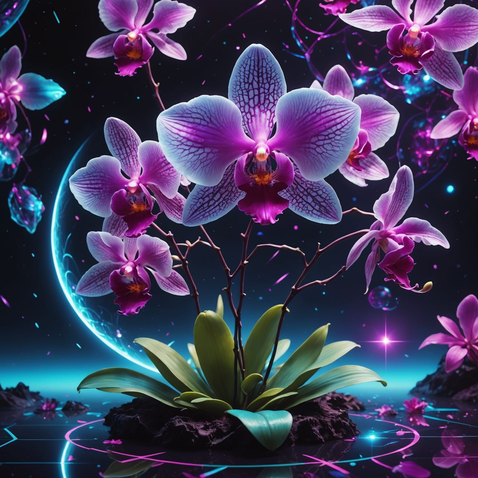 Bioluminescent Orchid in Space: Surreal 3D Render
