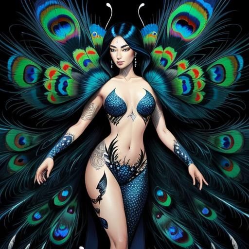 Butterfly Woman with Peacock Feathers in Comic Art Style