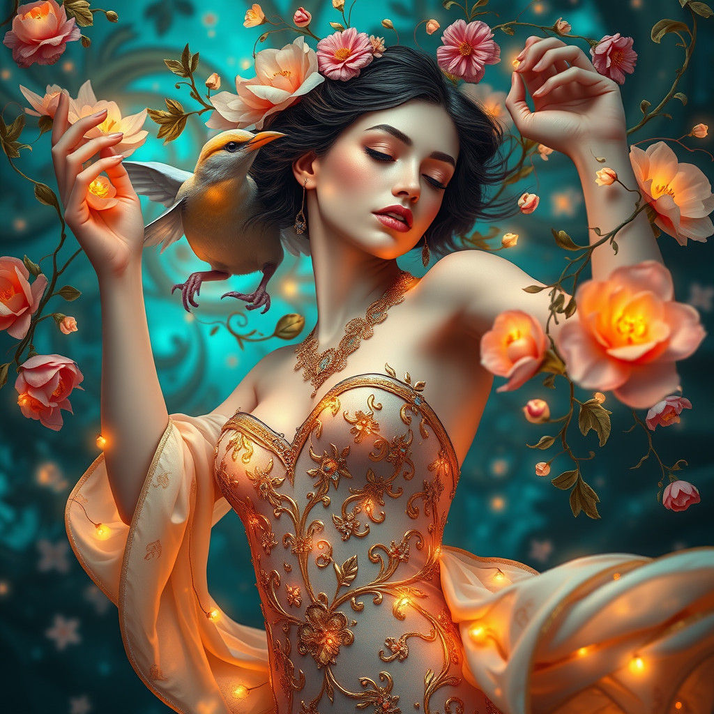 Dancing Woman with Flowers: Art Nouveau Style