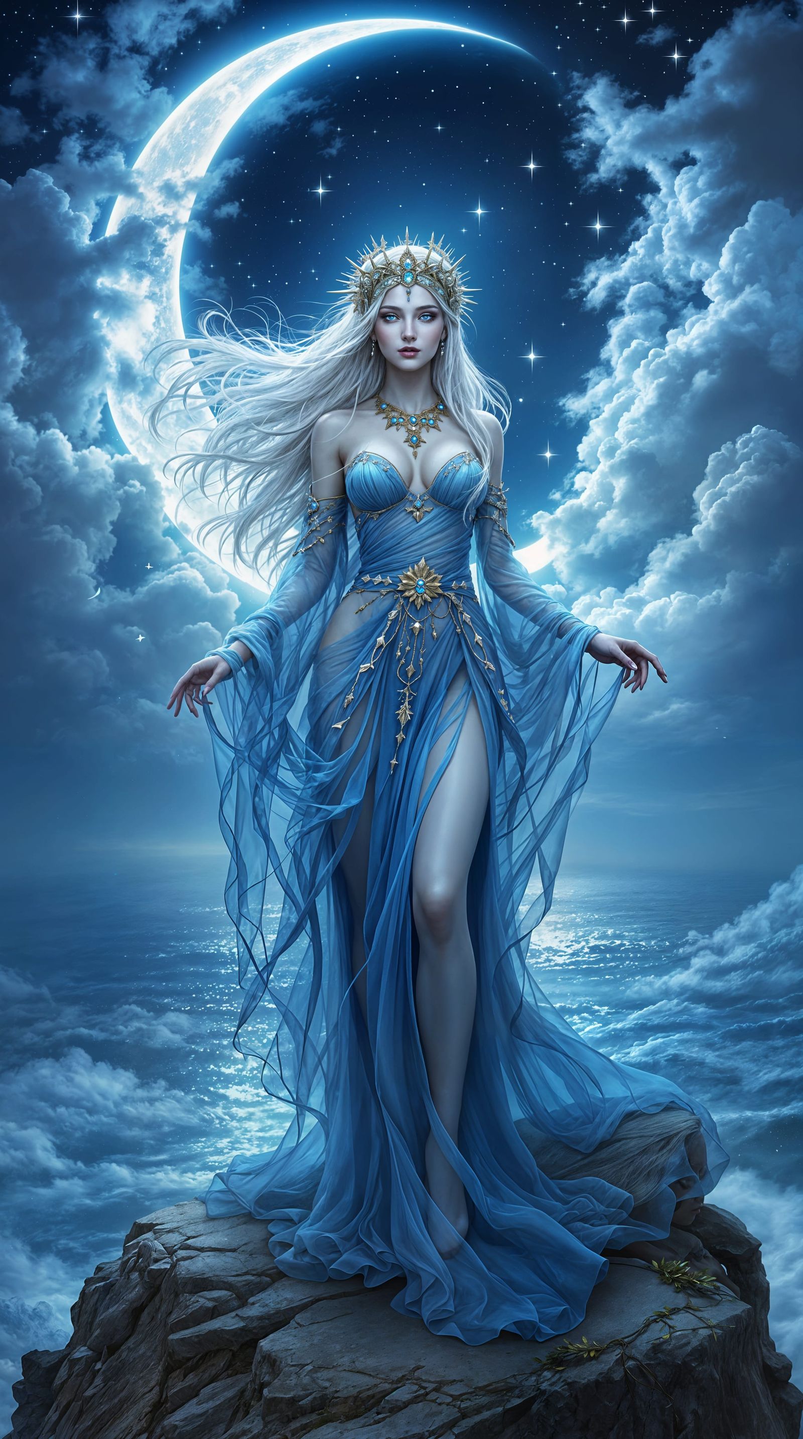Majestic Goddess of the Lunar Sea in Fantasy Art