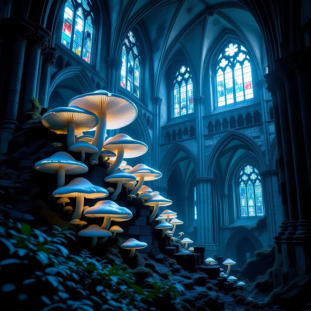 Bioluminescent Mushrooms Illuminate Gothic Cathedral Ruins
