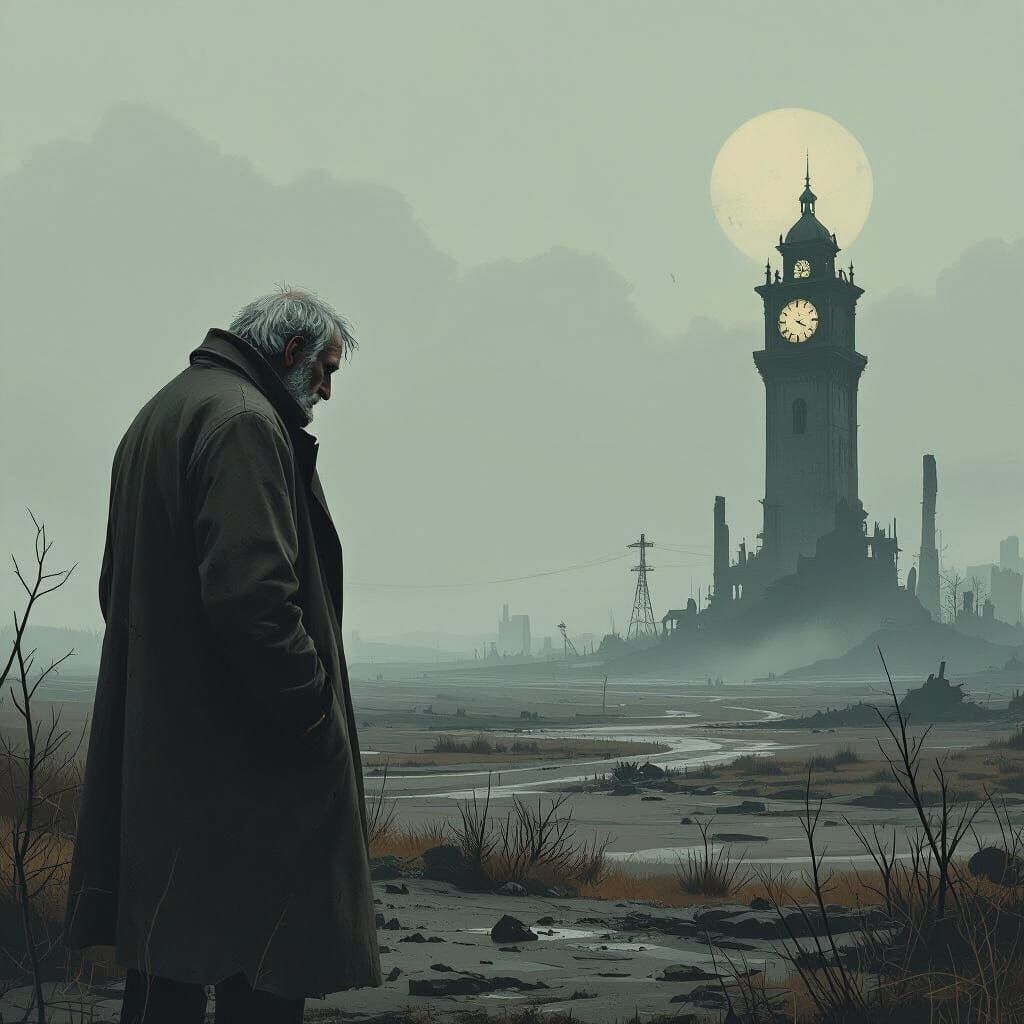 Melancholic Old Man in Dystopian Landscape